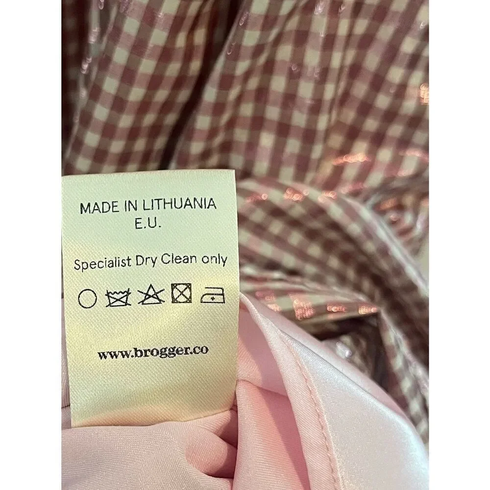 Brøgger Metallic Gingham Midi Skirt Designer Hem Pink M